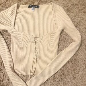 Cream Ribbed Lace-Up Sweater- URBAN OUTFITTERS